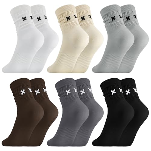 Jspupifip 6 Pairs Slouch Socks for Woman Stripe Scrunch Socks Knit Mid Calf Rib Tube Scrunchy Slouchy Retro Trendy Crew Socks 6-11