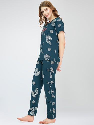 Image of ZEYO Night Suit for Women's Floral & Cheetah Printed Cotton Night Dress of Top and Pajama Set 5779