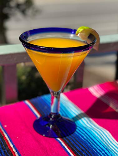 Mexican Hand Blown Glass – Set Of 4 Hand Blown Modern Margarita Glasses - Blue Rim (12 Oz) #TOP2