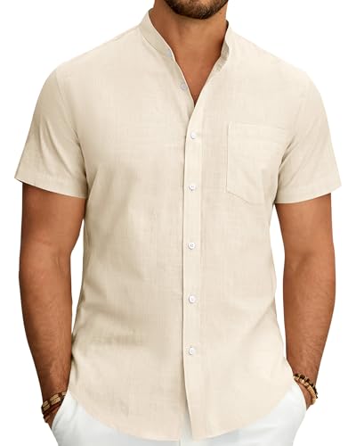 J.VER Grandad Linen Shirts for Men Collarless Casual Short Sleeve Lightweight Summer Beach Wedding Holiday Henley Shirt with Pocket Beige M