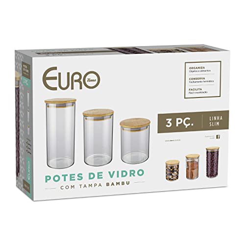 Conjunto com 3 Potes de Vidro transparente Slim com tampa Bambu, VDR6804-3, Euro Home