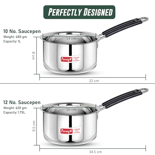 Image of Parage 2 Pieces Stainless Steel Sauce Pan, Tea Pan, Milk Pan Heavy Guage with Heat-Resistant Wire Handle Induction & Gas Stove Friendly (1 LTR & 1.75 LTR, Silver), 2.75 Liters