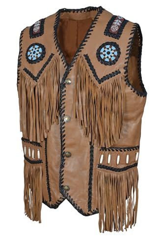 Image of Men's Western Cowhide Suede & Leather Vest - Beaded Fringe Yoke & Back Native-Inspired Cowboy Biker Vest