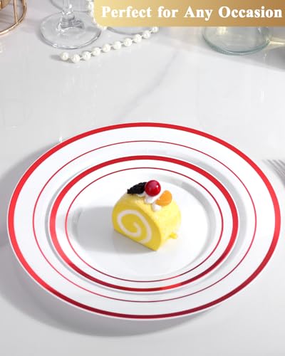 Image of Goodluck 200 Pack Red Rim Plastic Plates - 100 Dinner Plates (10.25 inch) & 100 Dessert Plates (7.5 inch) - Heavy Duty Disposable White Plates with Elegant Red Trim - Premium Dinnerware Set for Wedding