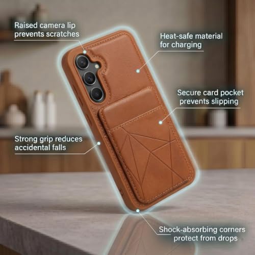 Image of amazon basics Premium Vegan Leather Back Cover with Card Holder and Integrated Mobile Stand for Samsung Galaxy S23 5G - Slim Shockproof Wallet Case with Geometric Stitching [Tan]