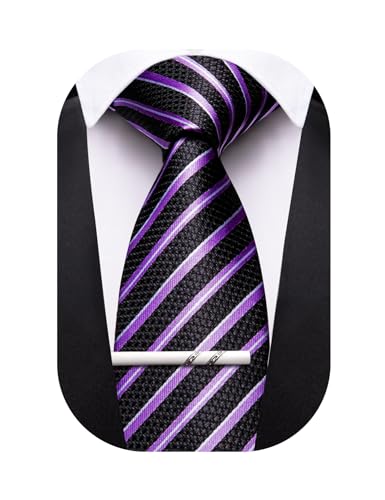 Image of Barry.Wang Silk Men Ties Formal Stripes Necktie and Tie Clip for Wedding Party Business Fashion Classic
