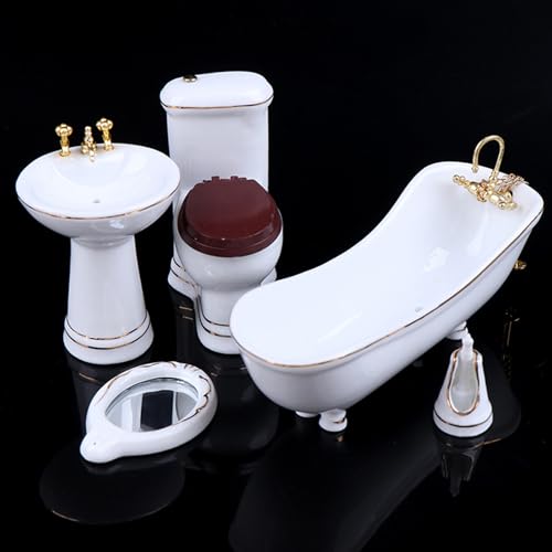 1:12 Dollhouse Miniature Porcelain Bathroom Set 5 PCS White Ceramic Toilet Basin Bathtub Mirror Miniature Furniture Doll Accessories for Bathroom Cake...