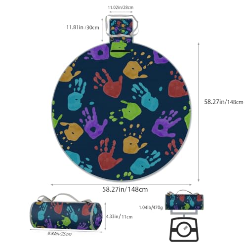Shimoshe Colorful Skull Palm Print Picnic Outdoor Blanket Foldable Waterproof Sandproof Beach Blanket Portable Water-Resistant Round Picnic Mat for Travel Camping Park Lawn
