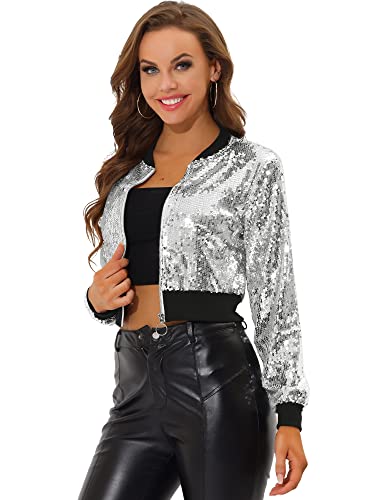 Allegra K Women Cropped Sequin Jacket 2025 Long Sleeve Front Zip Glitter Sparkly Bomber Jackets Party Disco Outfit