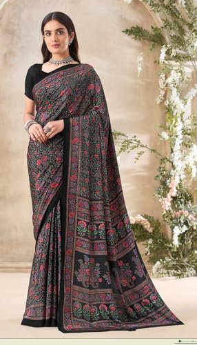 Image of Women's Crepe silk Floral Printed Saree,Sari With Unstitched Blouse Piece