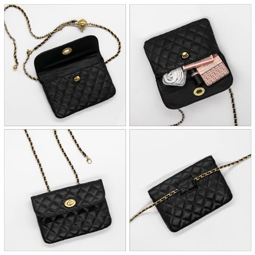 Handtasche Damen Klein Umhängetasche Schultertasche Leder Crossbody mit Verstellbarem Gürtel Kette Gesteppt Mädchen Reisen Schwarz