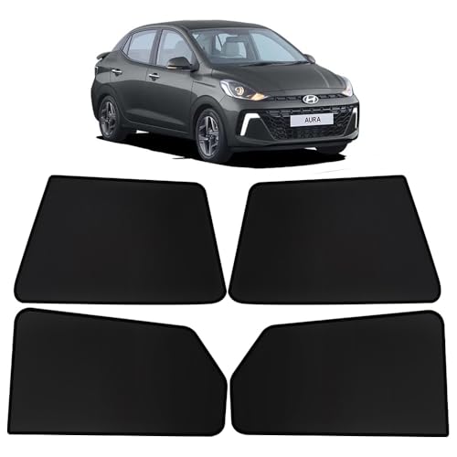 Image of OTO2EYE Car Sun Shade Compatible for Hyundai Aura Model 2023 to 2025, Z-Black Fix Type Side Window Curtains, Only Half Cut in Front Window, 4 Pieces Set