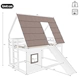 EINHOM Kinderbett 140x200 cm, Etagenbett mit Dach, Leiter und Rutsche, Hausbett mit Rausfallschutz, Lattenrost aus Holz, MDF+Kiefer, Weiß+Braun, Ohne Matratze