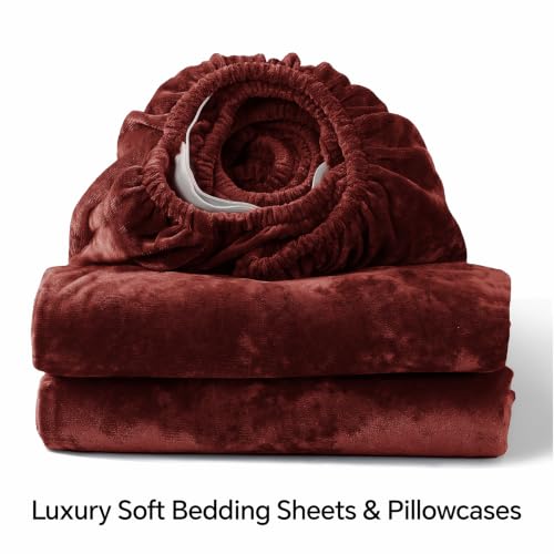 Image of BEDELITE Velvet Fitted Sheet and Pillowcase Set 3Pcs, Full, Burgundy | Double-Sided Plush Bottom Sheet, Luxuriously Soft & Warm, 360 Elastic & Corner Straps, 15 Inch Deep Pocket, Machine Washable