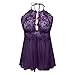 Plus Size Lingerie For Women Sexy Lace Halter Nightgown Mesh See Through Babydoll Solid Sling Nightdress Sleepwear Purple