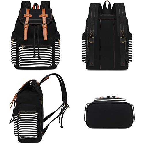 Bluboon Canvas School Backpack Women College Bookbag Girls Travel Rucksack 15.6Inch Laptop Bag (Black Stripe) #TOP1