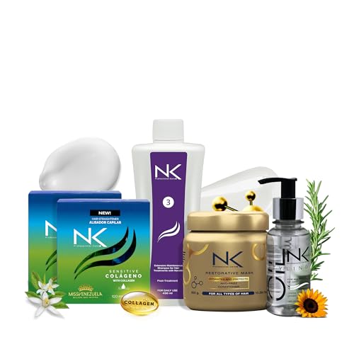 NK Professional Keratin Hair Treatment Set + Styling Oil – 4-Step Vegan Straightening System & Silicone-Based Argan Oil Serum – Frizz Control, Repair & Shine – For All Hair Types (8oz)