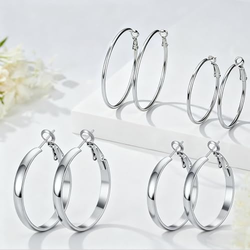 Image of 4 Pairs Silver Gold Hoop Earrings for Women | 14K Gold Plated Hoop Earrings Set Hypoallergenic Earring Lightweight Dangle Earrings Set