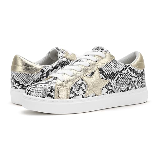 Image of PARTY Women's Fashion Star Sneaker Lace Up Low Top Comfortable Cushioned Walking Shoes,Podcast-White SNAKE-11