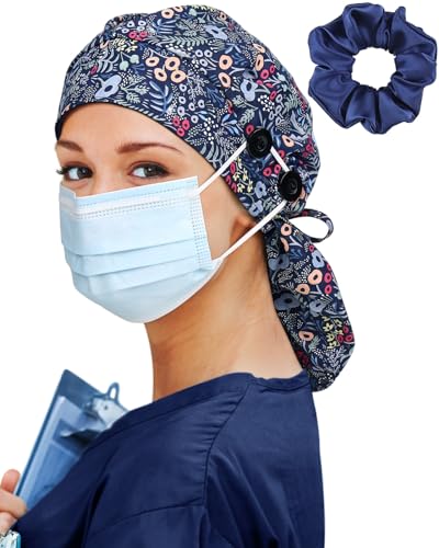 Image of Satin Lined Scrub Cap for Women Extra Large Long Hair Surgical Nurse Cap 4 Buttons