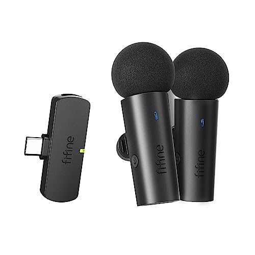 FIFINE Wireless Lavalier System with 2 Microphones, Lapel Mic Clear Sound for YouTube Video Interview Vlog, Dual Mini Mic with Type C Receiver for Android Phone/Tablet/Iphone15(USB C) Laptop-M8