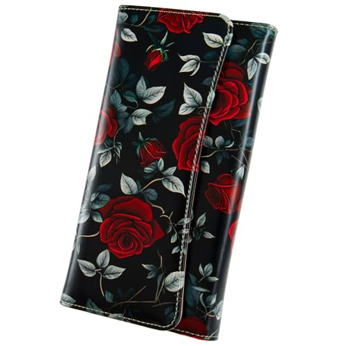 Womens Wallet Leather RFID Blocking Trifold Ladies Purse long Clutch Credit Card Holder Phone Checkbook Organizer (Red Roses)