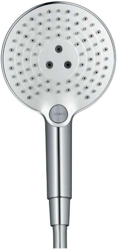 Close-up of hansgrohe Raindance Select S 125 hand shower head, showing silicone nozzles being cleaned with a finger.