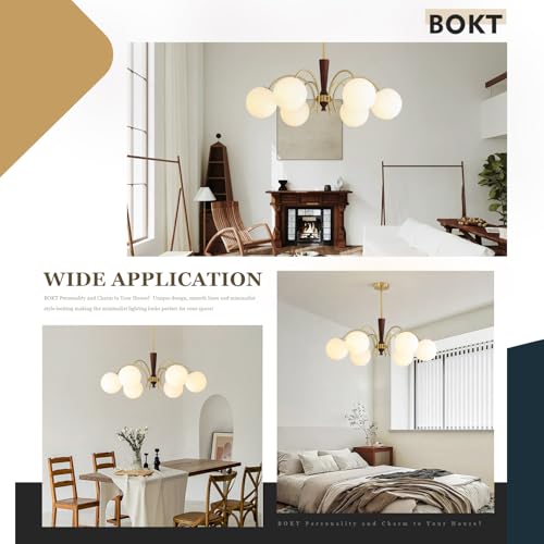 BOKT Milk Glass Ball Chandelier Modern 6-Light Sputnik Chandelier Kitchen Island Wood Sputnik Hanging Light Mid Century Brushed Brass White Pendant Light Fixtures for Living Room Farmhouse by BOKT - Used condition - Image 6