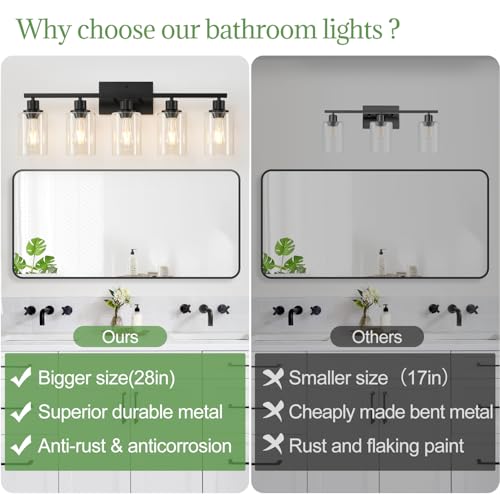 Image of MOKATNG 5-Light Bathroom Light Fixtures, Vanity Light with Clear Glass Shades, Matte Black Bathroom Light Fixtures Over Mirror, Modern Bathroom Wall Lamp for Mirror Living Room Cabinet Bedroom
