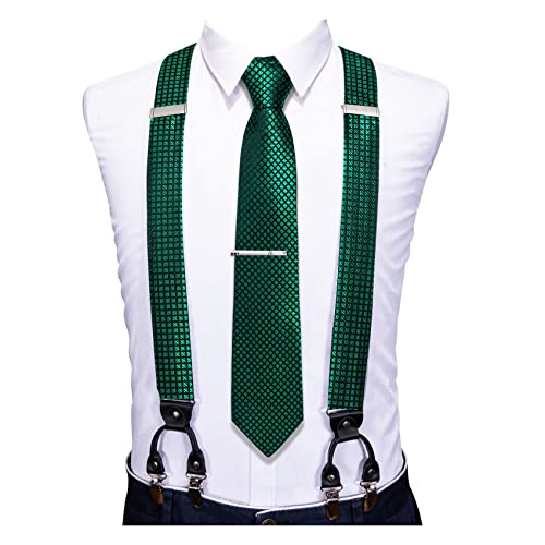 Image of Barry.Wang Men Suspender Set with Necktie Elastic Y Type Heavy Duty 6 Clips Braces Tie Handkerchief Cufflink Pin 6PCS