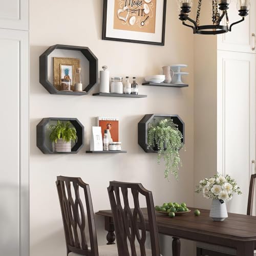 Image of Wall Mounted Floating Shelves Set of 6, Multipurpose Display, Book, Storage & Decor Shelves, Octagon Shape Wooden Wall Shelf for Living Room, Bedroom, Kitchen (Black)