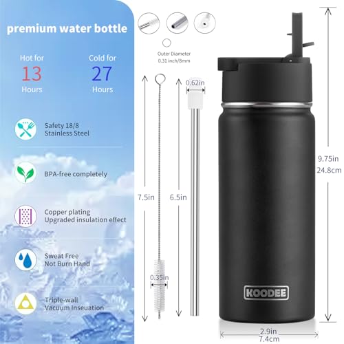 Image of Koodee Water Bottle for Boy 16 oz Stainless Steel Vacuum Insulated Wide Mouth Sports Water Bottle with Straw Lid-Reusable Metal Water Flask BPA Free (Black)