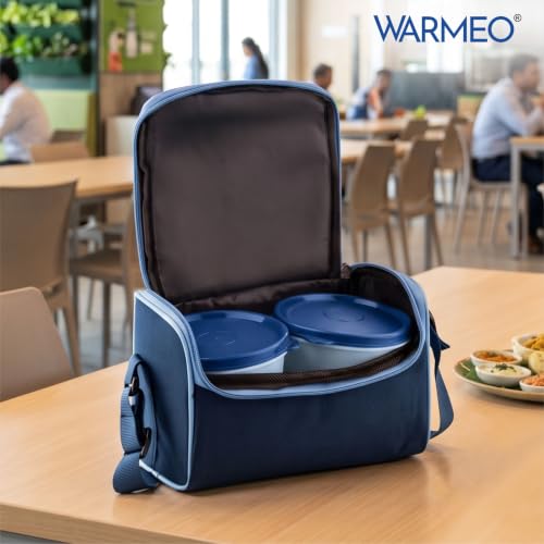 Image of WARMEO Micro Meal Microwave Safe Lunch Box | 1 Rectangular Container 600ml + 2 Round Container 350ml Each | BPA Free I Stylish Durable Jacket I Ideal for Office,School,Outdoor, Picnic,Blue