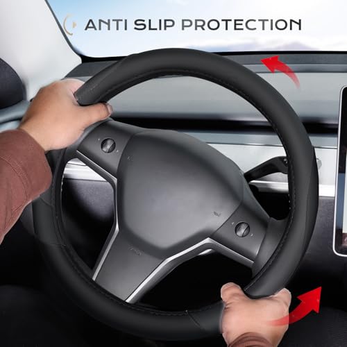 Image of Coverado Car Steering Wheel Cover, Nappa Leather Black Steering Wheel Covers for Women, Universal 14-15 inch, Anti-Slip, Breathable Steering Wheel Protector