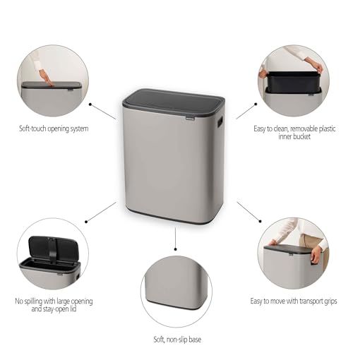 Image of Brabantia Bo Touch Bin Hi 13.2 Gallon /60L (Soft Gray), XXL Trash Can for Kitchen, Soft-Touch Garbage Can with Removable Inner Container