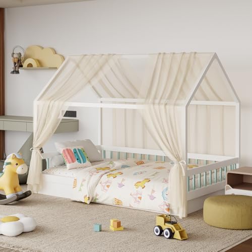 GFCC Hausbett Himmel Vorhänge 2er Set, Tüll Betthimmel Himmelbett für Hausbett Deko & Himmel für Kinderbett Mädchen & Jungen, 150x350cm Beige