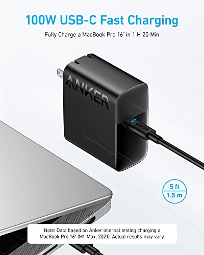 Mac Book Pro Charger, 100W Usb-C Charger, Anker Piq 3.0 Compact And Foldable Fast Charger For Macbook Pro, Macbook Air, Ipad Pro, Iphone 14, Samsung Galaxy, And All Usb-C Devices (5 Ft Cable Included) #TOP1