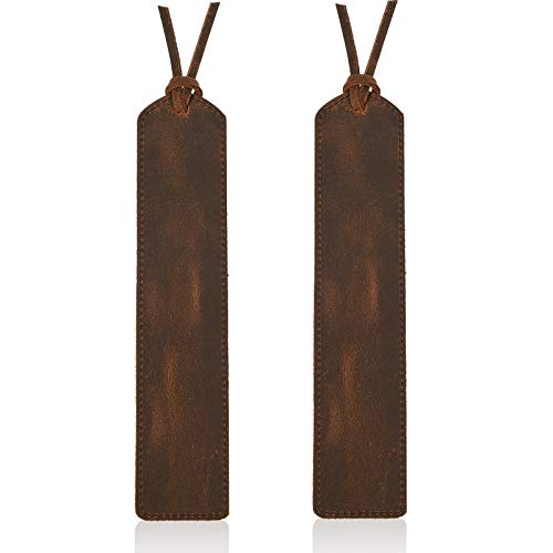 Outus 2 Pieces Leather Bookmark Classic Stitched Bookmarks with Tassel Handmade Stitched Page Markers for Men Women Kid Teacher Student School Office Writer Christmas Friend Book Lover (Dark Brown)