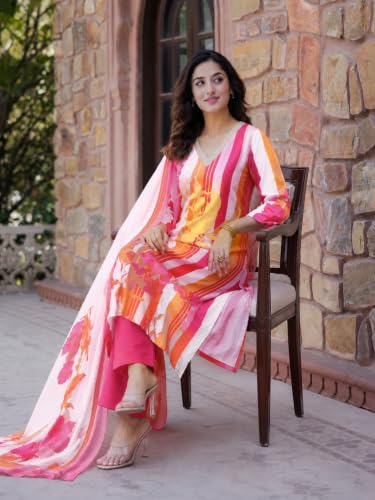 Image of ANNI Designer Women's Cotton Blend Printed Straight Cotton Blend Kurta with Pant and Dupatta | Kurta Set for Women Suit Set for Women | Indian Ethnic Wear Women's Ethnic Clothing Designer