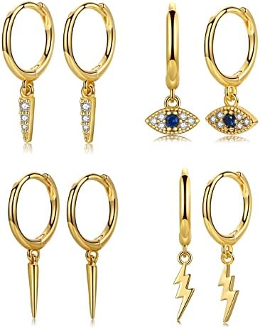 CERSLIMO Gold Dainty Dangle Huggie Hoop Earrings for Women Girls, S925 Sterling Silver Drop Earrings | 14K Gold Plated Small Minimalist Geometric Spike Evil Eye Lightning Bolt Dangle Earrings