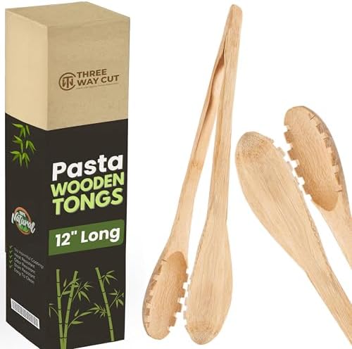 Pinzas de bambú para ensalada de pasta de 12 pulgadas, pinzas de madera natural para cocinar y servir alimentos, pinzas de cocina de madera con dientes para pasta, fideos de espagueti, ensalada y