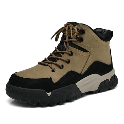 Men's Genuine Leather Anti-Collision Anti-Slip Hiking Boots Comfort Round Toe Lace-Up Platform Increase Casual Ankle Boots Outdoor Warm Fur Lined Winter Fashion Boots