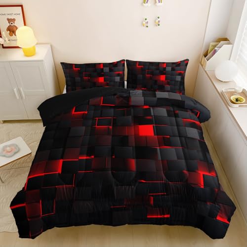 Image of Nttopship Neon Red Black Comforter Set Queen Geometric Kids Bedding Set,3 PCS Geometry Honeycomb Bed Set Modern Quilt Set 1 Comforter 2 Pillow Cases Cool Room Decor All Season B-Side Black