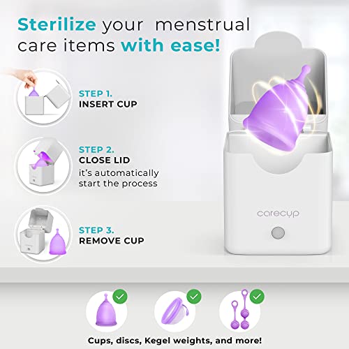 Carecup Menstrual Cup Sterilizer - Modern Menstrual Cup Cleaner Unscented Sanitizer - 2-Minute Automatic Uv Wash - Holder Fits Small Soft & Large Period Disc - Uv Wipes Out 99.9% Of Germs #TOP1