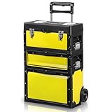 Auto Dynasty Stackable Tool Box 3-Tier Tool Separate Organizer Rolling Tool Chest with Wheels 3-in-1 Upright Trolley Tool Chest for Garage or Workshop, Yellow