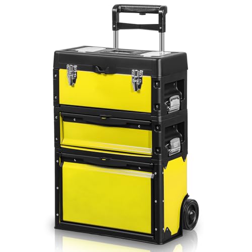 Image of Auto Dynasty 3-Tier Stackable Tool Box, 19.5 Inch 3-in-1 Rolling Tool Box with Wheels, Portable Steel and Plastic Rolling Upright Trolley Toolbox Organizer for Garage Workshop, 3-Piece Set, Yellow