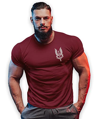 bebak Maglietta da palestra da uomo | Abbigliamento da palestra da uomo | Bodybuilding Arnold T Shirts Who Trains Wins Gym Wear Training Top, Para Maroon, XL
