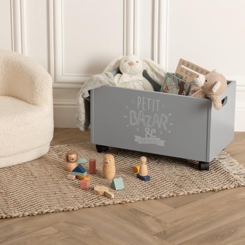 Caja de Juguetes Gris con Ruedas baúl infantil contenedor de madera móvil 6