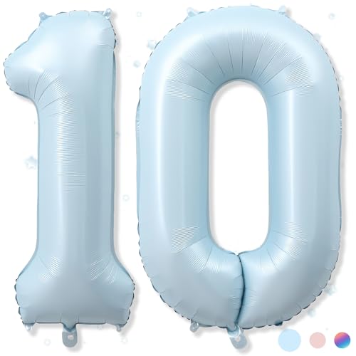 40 Inch 10 Balloon Number Large Pastel Matte Baby Blue Foil Number 10 Balloons Birthday Party Decor Light Powder Blue Helium Mylar Self Inflating Balloon for Boy 10th Birthday Anniversary Decoration