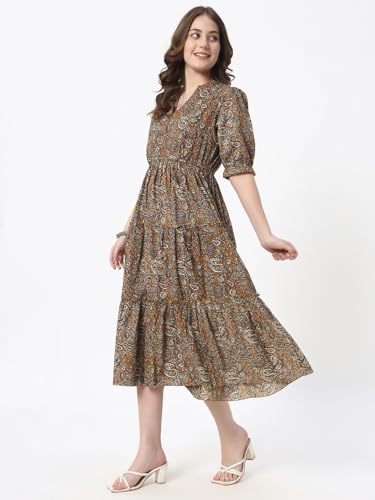 Image of Women's Fit and Flare Dress I Pure Cotton Long Summer Maxi Dress I V-Neck I Casual Wear I Printed Kalamkari Floral Middi